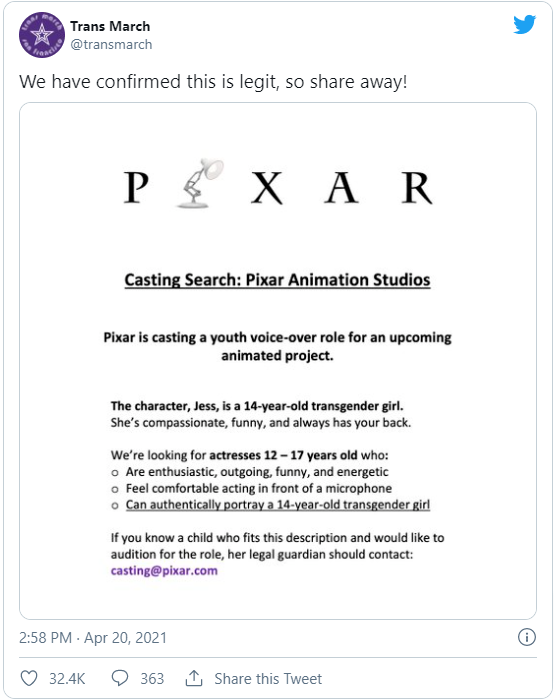 Disney-Pixar Auditioning for First Transgender Character