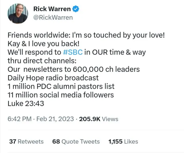 STRANGELY RICK WARREN, WHO KNOWS BETTER, BRAGS ABOUT HIS ACCOMPLISHMENTS AND THE NUMBER OF PEOPLE HE THINKS FOLLOW HIM