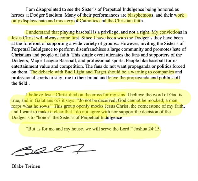 What did Blake Treinen say about Sisters of Perpetual Indulgence